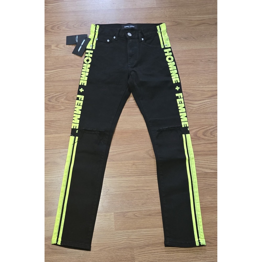 Homme + Femme Black Neon Stripe Jeans Mens Size‎ 28 Distressed Skinny Fit Grunge